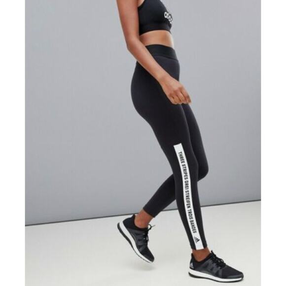 Adidas Black Training Brand With Three Stripes Spell Out Slogan Leggings Size XS - Picture 1 of 8